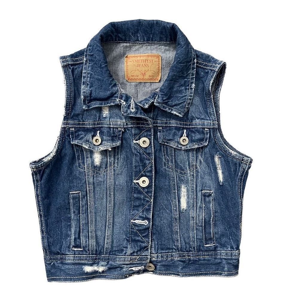 Amethyst Jeans Women’s Distressed Sleeveless Button Front Denim Vest Small